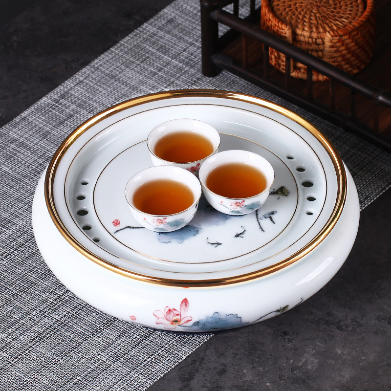 陶瓷茶盘圆形储水中式古典高档功夫茶具羊脂玉茶海托盘小号釉下彩