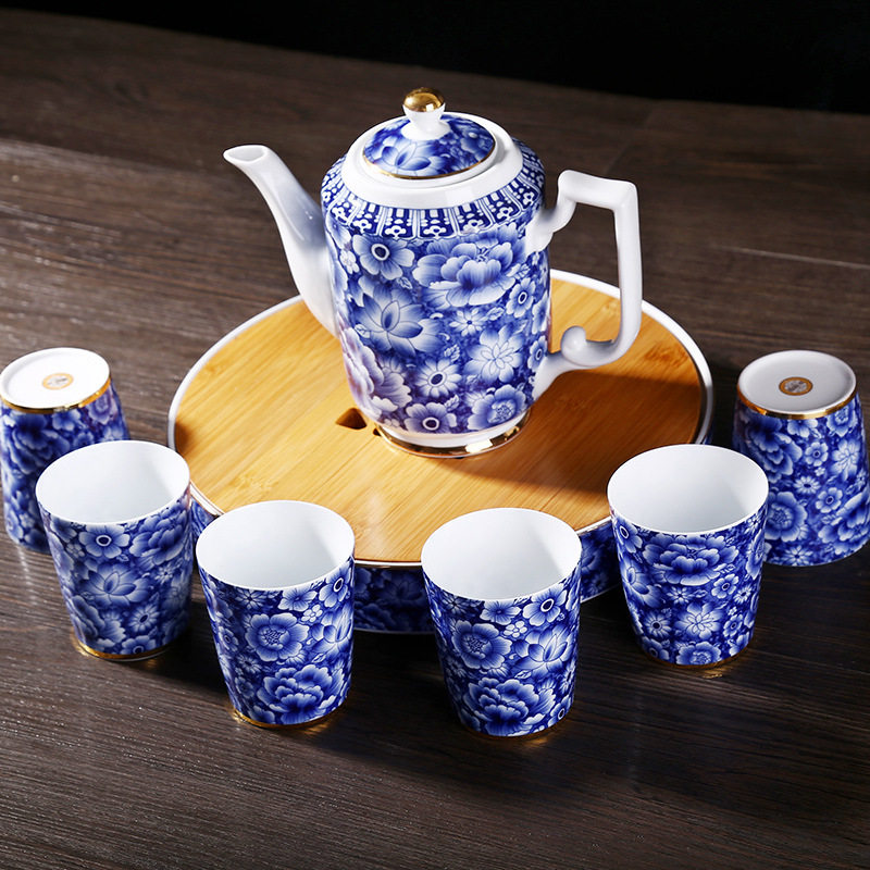 青花陶瓷茶壶大号大码大容量过滤壶泡茶壶手抓壶描金茶具600毫升