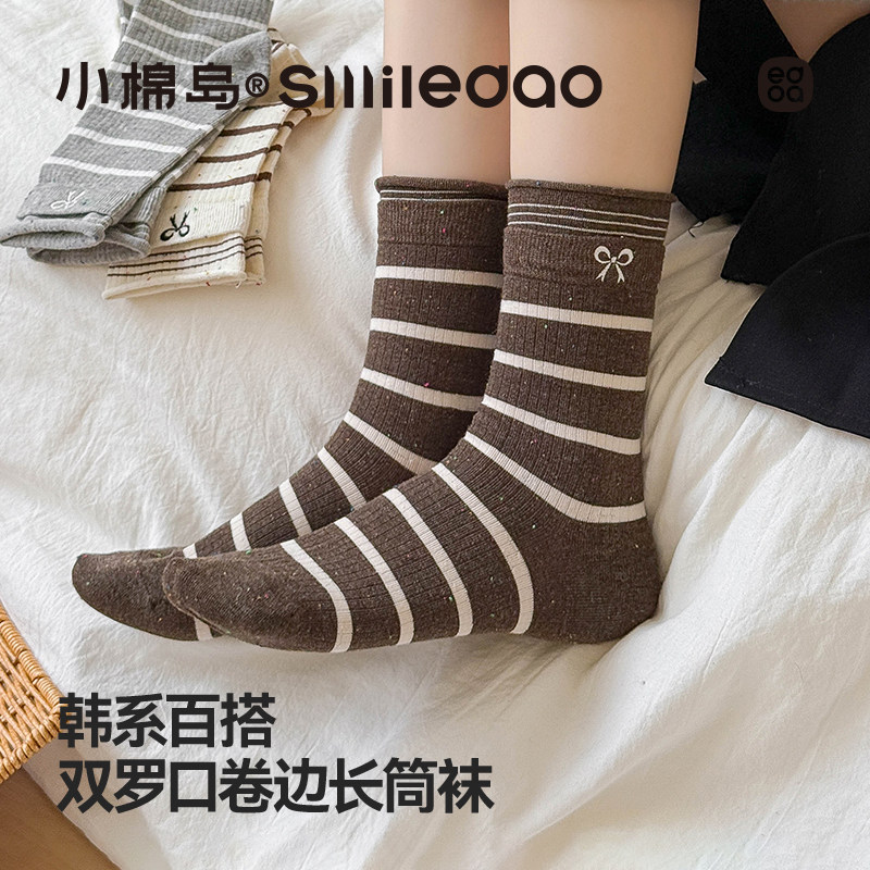 蝴蝶结中筒袜春秋季袜子女款条纹双罗口百搭棉袜防臭刺绣女士长袜