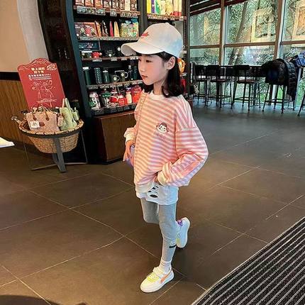 女童长袖t恤秋冬新款中大儿童加绒洋气破洞圆领保暖百搭打底衫潮