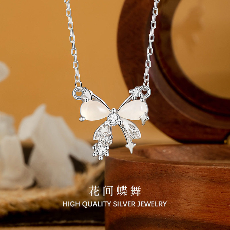 梦幻星星白玉髓蝴蝶结吊坠s925纯银镶钻锁骨链高级感甜美风送女友