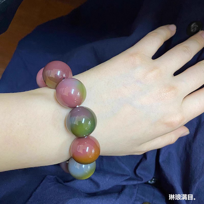 天然盐源玛瑙手串双色七彩满肉糖果圆珠单圈盐源玛瑙手链男女士款