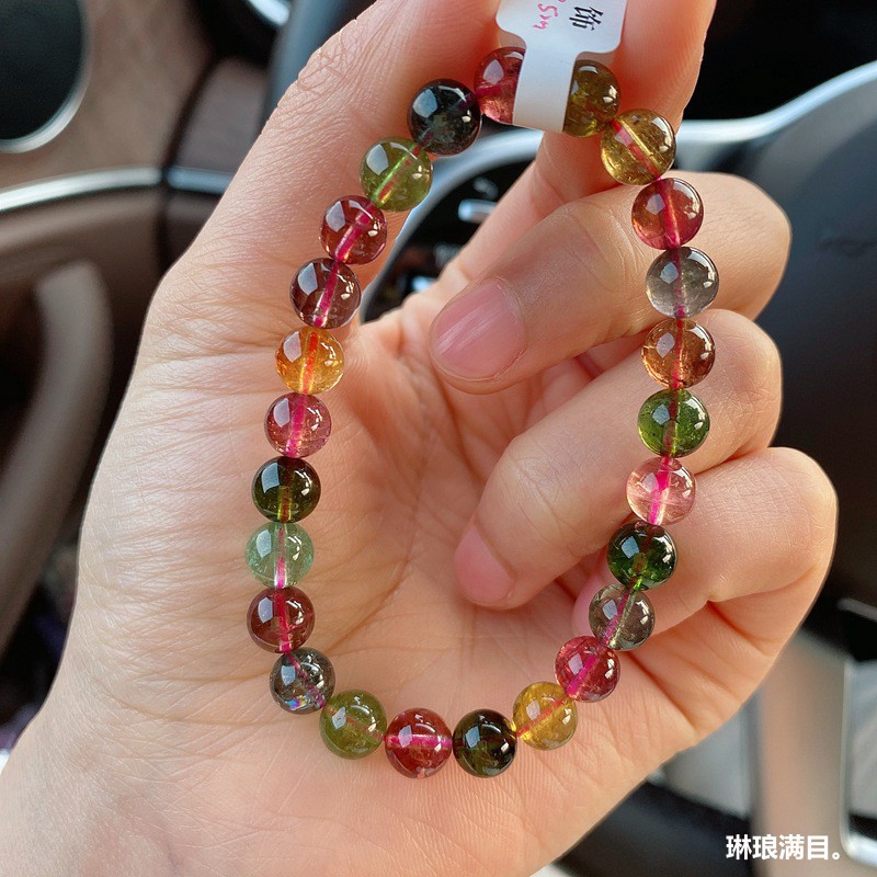 天然水晶巴西老料彩虹碧玺手链女款圆珠串通透糖果碧玺手串送礼物