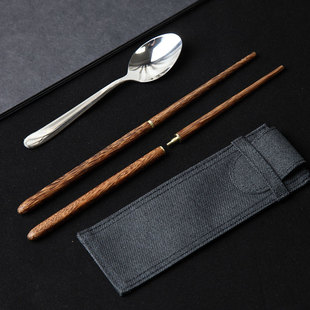 实木筷子勺子套装出差旅游便携式餐具单人装两节螺旋折叠筷家用筷