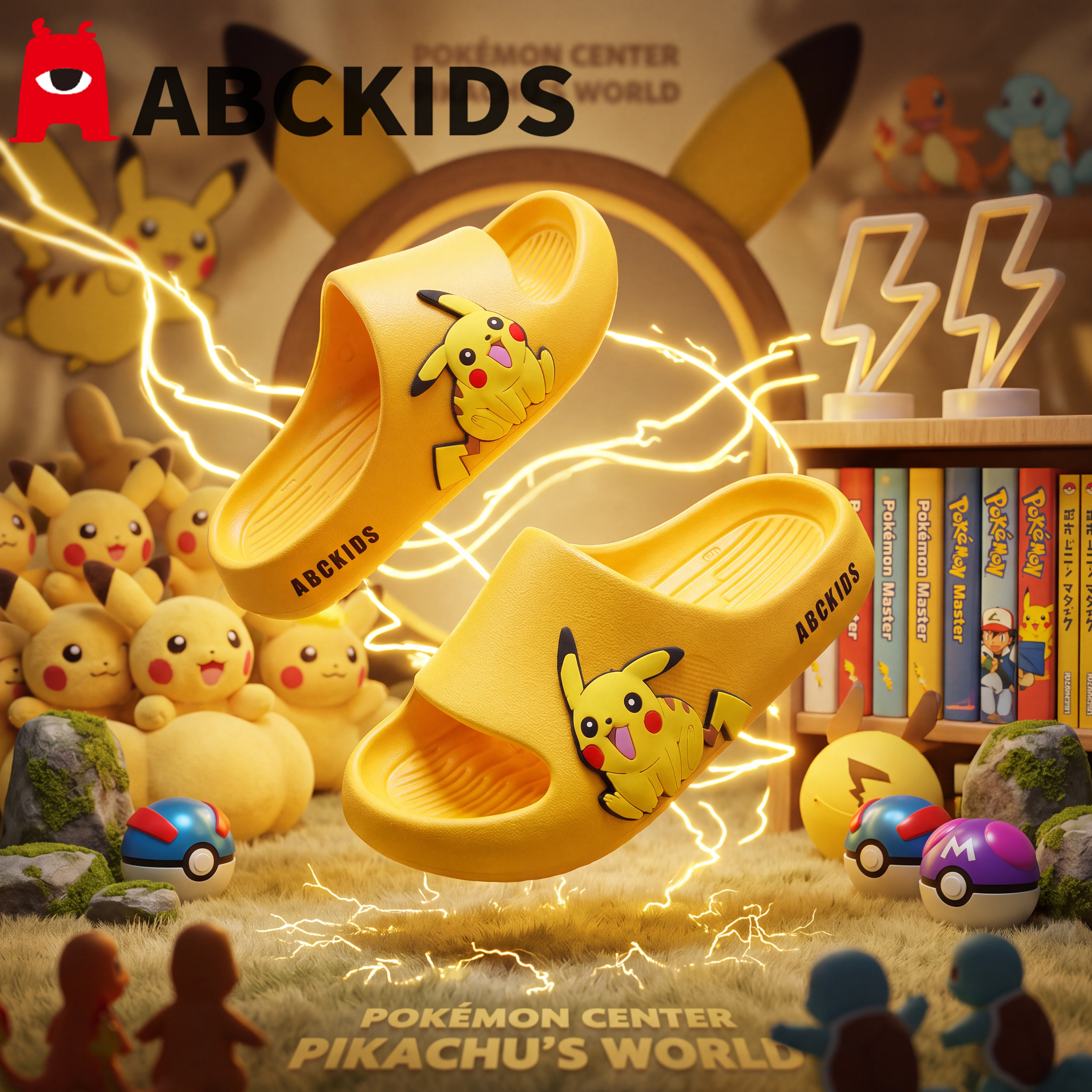 abckids 儿童拖鞋男童防滑软底轻便居家静音皮卡丘中大童洗澡拖鞋