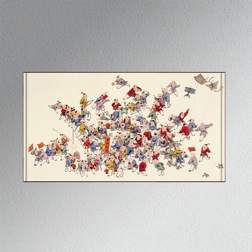 百子图挂画横板纳福百子迎福好运玄关客厅装饰画办公室卷轴壁画
