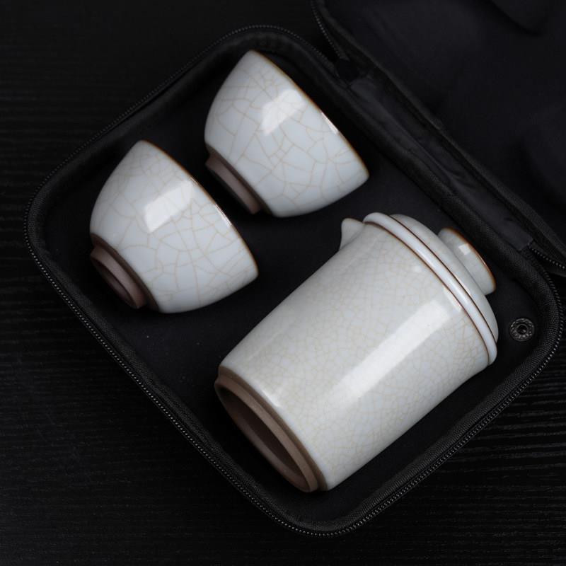 月白汝窑手抓壶一壶二杯可养开片旅行装可携式茶具一壶4杯快客杯