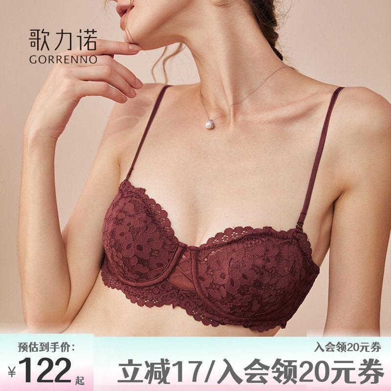 内衣女聚拢软钢圈蕾丝无肩带超薄款半杯大胸显小胸红色文胸罩套装