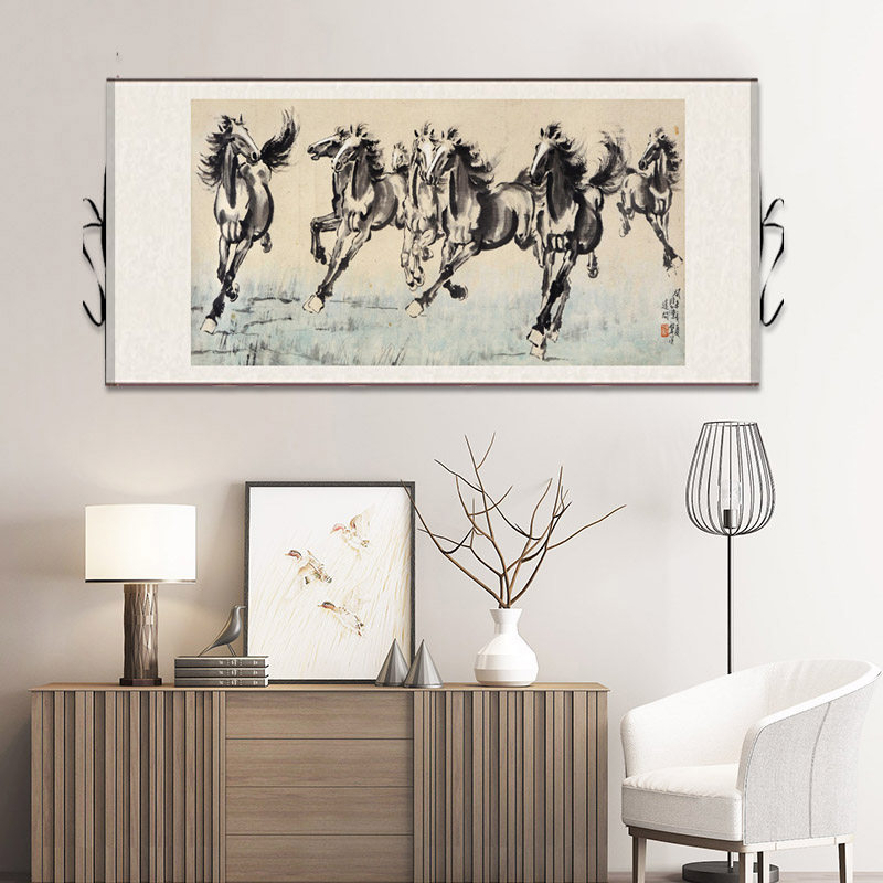 八骏图绢布挂画客厅国画办公室墙壁装饰画励志马到成功徐悲鸿骏马