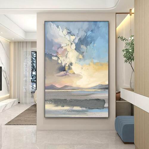 现代简约玄关装饰画抽象海景沙发背景墙落地挂画蓝色客厅过道壁画