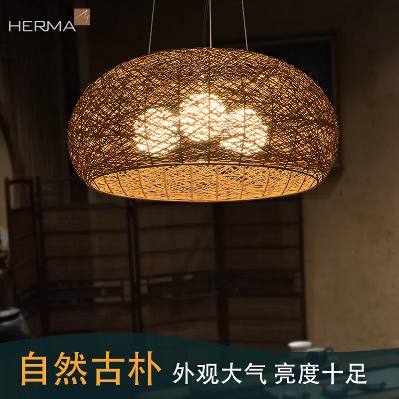 藤艺吊灯创意设计东南亚风格 手工藤编麻球造型茶室吊灯