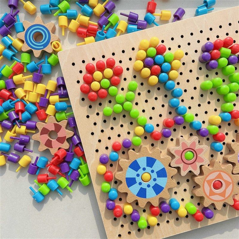 儿童益智蘑菇钉拼插板拼图玩具早教百变像素画木制幼儿园男孩女孩