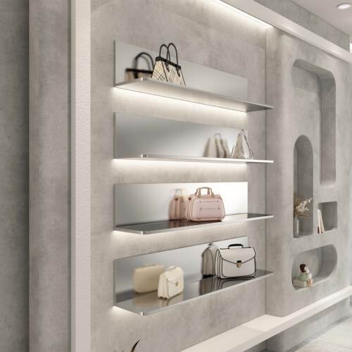 服装店墙上置物架不锈钢发光一字板壁挂化妆品展示架陈列架展示架