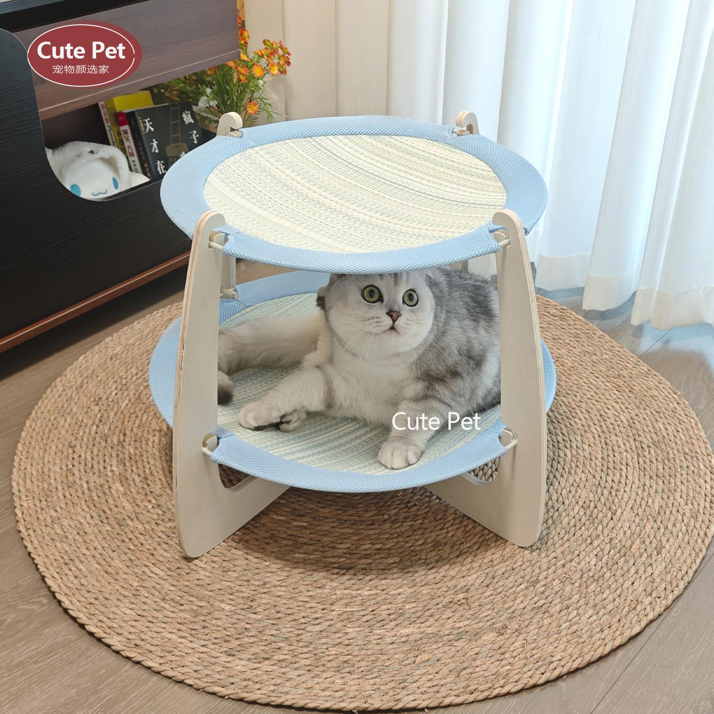 Cute pet实木双层猫窝吊床猫抓板一体夏季藤编猫窝凉感宠物行军床