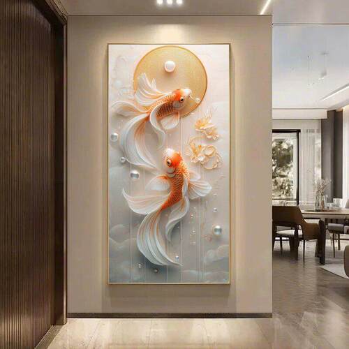 锦鲤好运临门玄关装饰画竖版高级感led灯画现代轻奢走廊过道挂画