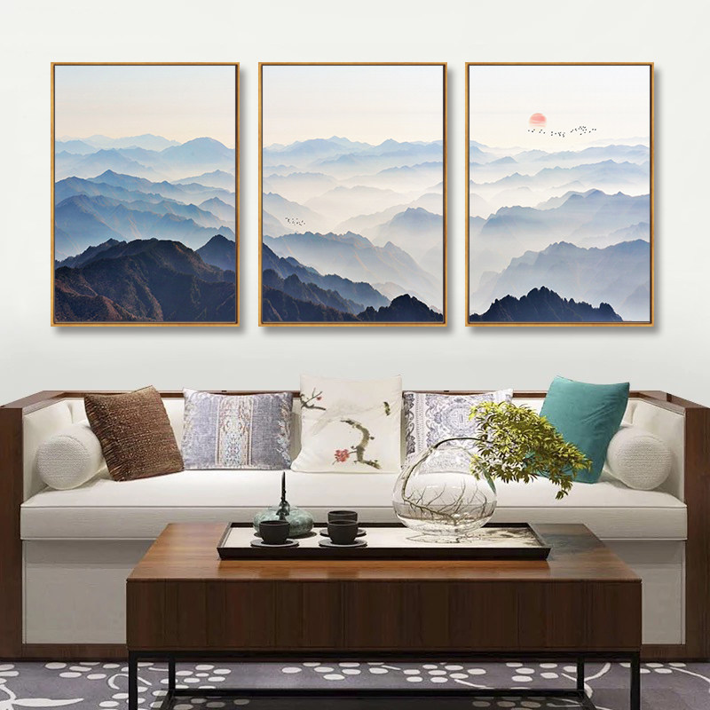 中式客厅装饰画山水挂画沙发后面的背景墙三联画背有靠山招财壁画