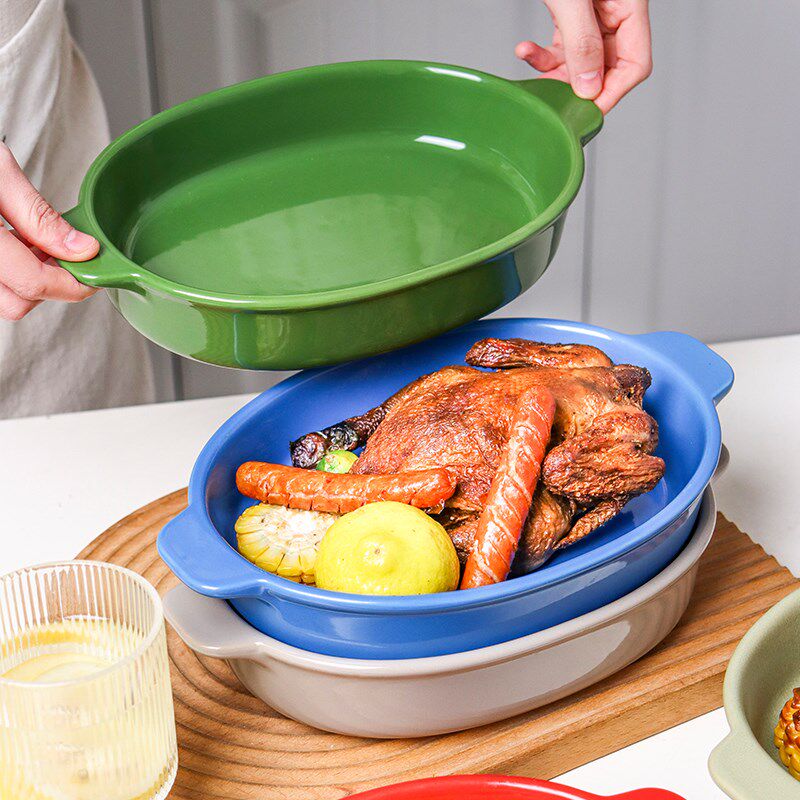 逍亿双耳陶瓷烤盘大号烤箱专用芝士焗饭盘家用盘子沙拉盘鱼盘