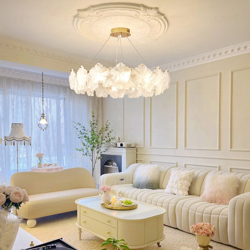 艺灯空间法式奶油卧室灯雪花玻璃叶片水晶客厅吊灯卧室吊灯灯具,家装灯饰光源,客厅吊灯,淘宝优惠券,粉丝福利购,淘宝优惠卷