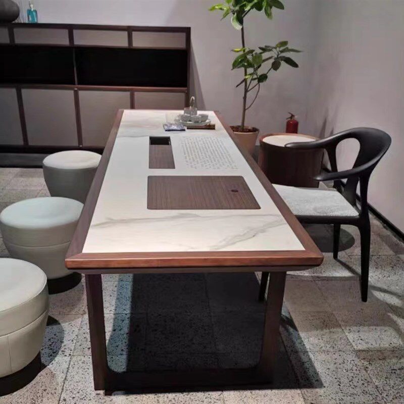 传世茶桌茶台北美黑胡桃实木大理石餐桌岩板实木家具长方形桌子