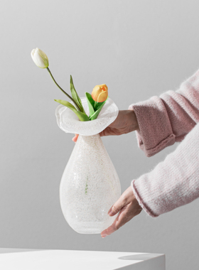 法式奶白色喇叭玻璃花瓶复古琉光内彩绘客厅酒店软装插花饰品摆件