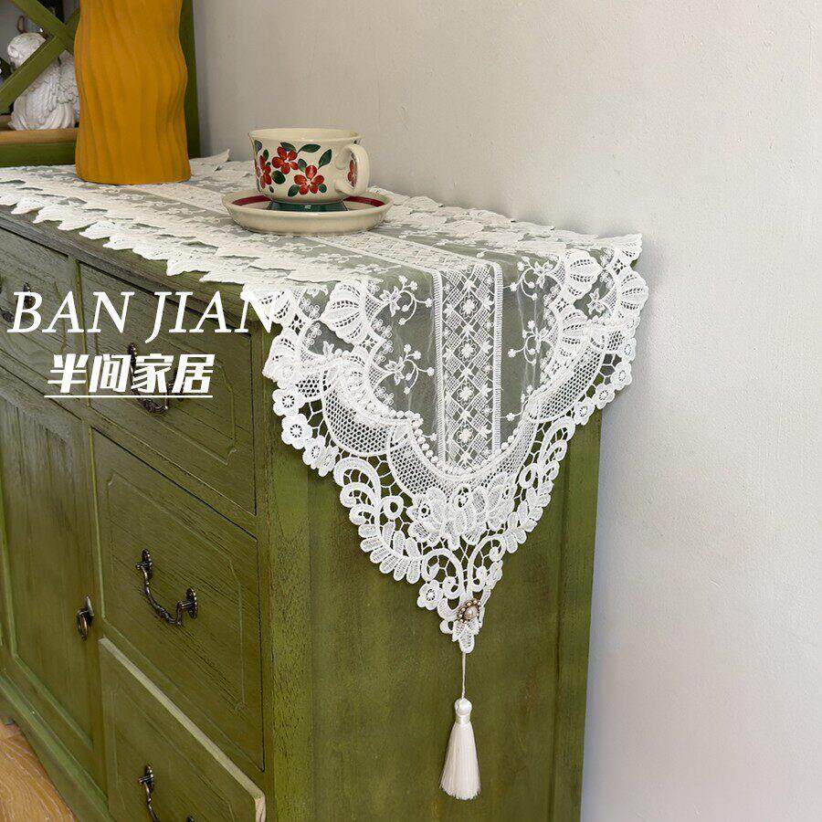 白色蕾丝桌旗美式轻奢高级感法式电视柜餐边柜斗柜盖布餐桌长条巾