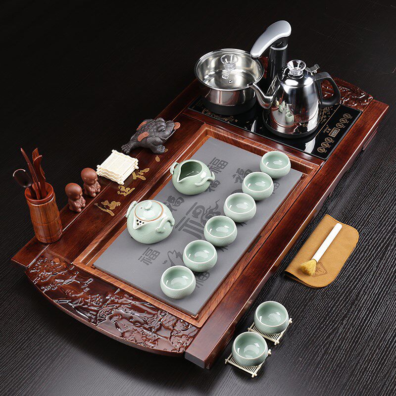 乌金石茶具套装家用实木茶盘整套功夫四合一电磁炉茶海茶台全自动