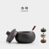 家用客厅茶桌复古烟灰缸 带盖子一体创意个性 叁旬 粗陶窑变烟灰缸