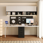 高端实木书桌书架一体大长条双人电脑桌家用书房办公桌带抽屉书柜