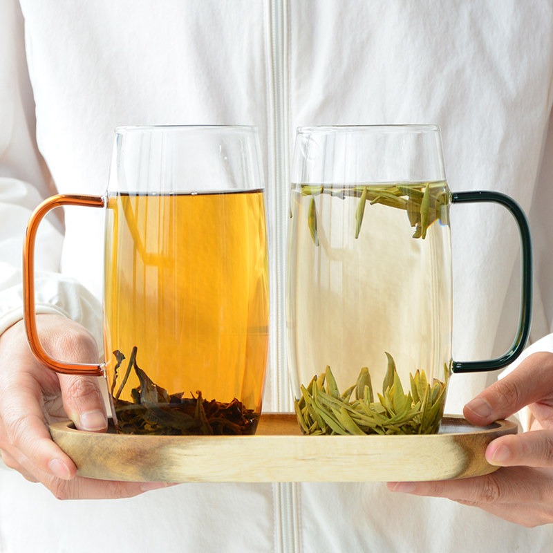 竹叶青绿茶杯高档雀舌嫩芽冲泡玻璃杯耐热带把手水杯细长瘦高厚底