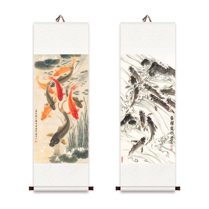 九鱼图国画九鲤图鲤鱼卷轴挂画鱼跃龙门图中式挂轴画吉祥如意图,家居饰品,国画,淘宝优惠券,粉丝福利购,淘宝优惠卷