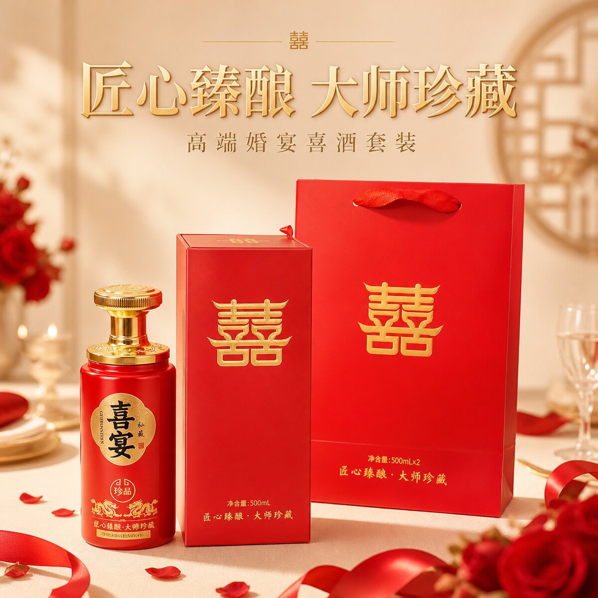 红色喜字结婚白酒盒烫金工艺婚庆用品新人伴手礼盒可打新人照片