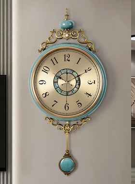 客厅欧式复古挂钟家用创意装饰陶瓷摇摆钟表挂墙壁挂时钟HP6011