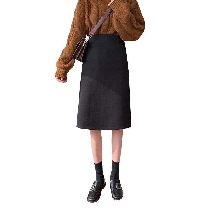 毛呢半身裙女秋冬大码中长款a字开叉百搭遮胯咖啡色胖mm一步长裙