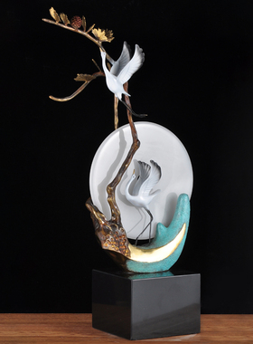 彩铜平安双鹤摆件玉石平安扣黄铜松鹤家居客厅玄关装饰品乔迁礼品