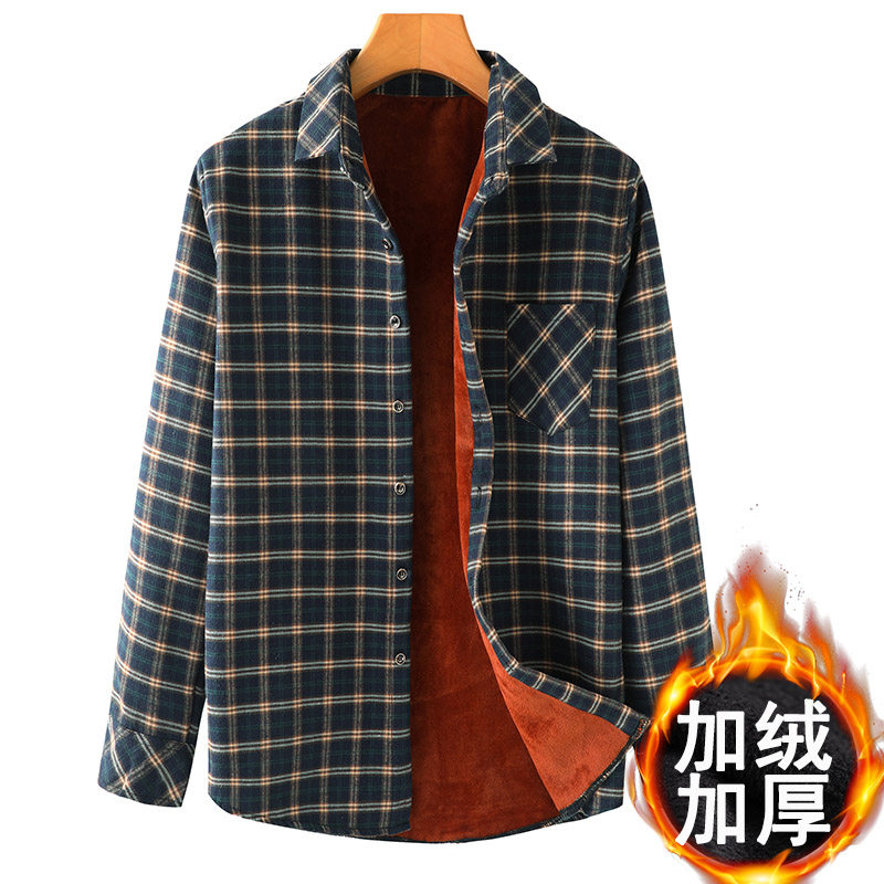 中年保暖衬衫男士长袖加绒加厚纯棉格子秋冬中老年人男衬衣爸爸装