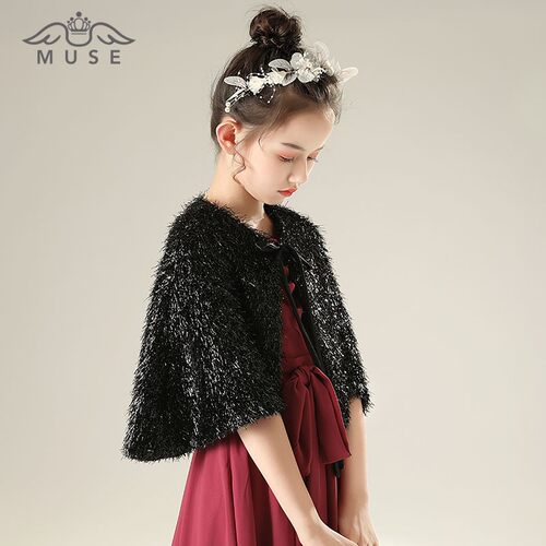 欧美风儿童礼服搭配披风黑色儿童斗篷网红保暖外套女童公主长款冬