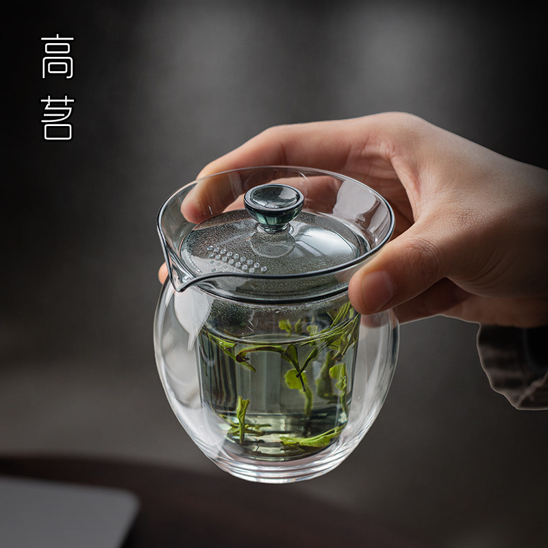 玻璃双层盖碗单个墨色泡茶杯带盖防烫手加厚手抓壶自带过滤泡茶器