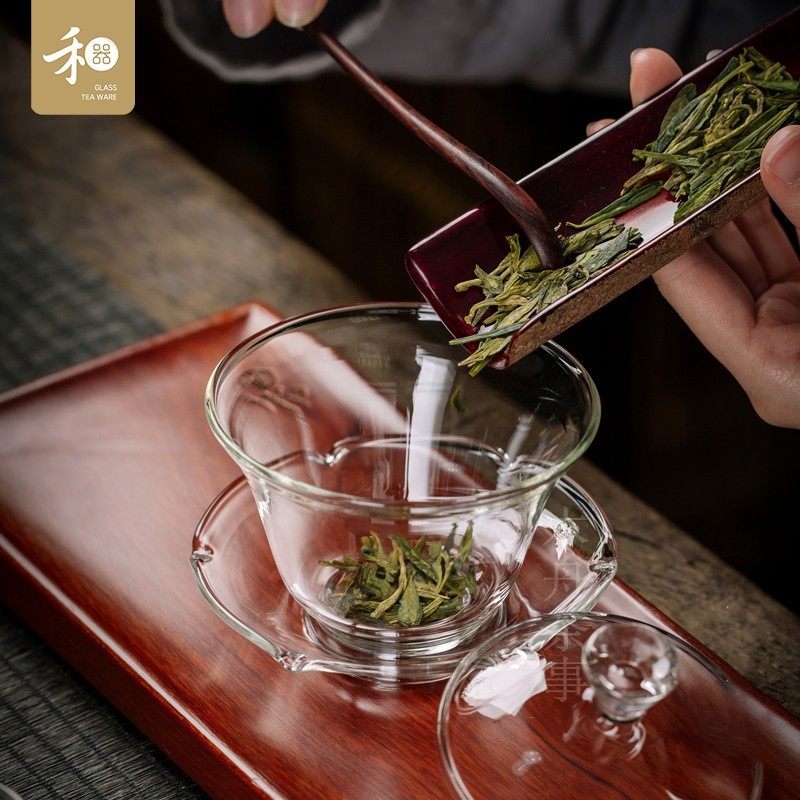 禾器玻璃盖碗泡茶杯加厚防烫茶具荷叶三才盖碗茶漏公道杯套装大号