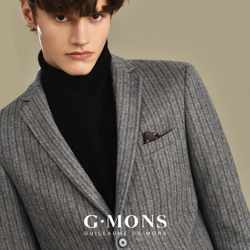 吉约蒙羊毛呢子短款大衣男灰色条纹西装高级感冬季加厚西装男外套