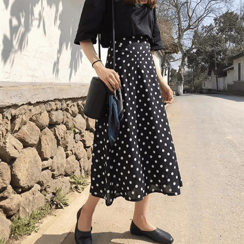 波点雪纺半身裙夏大码新款复古高腰a字裙红色显瘦遮胯中长款半裙