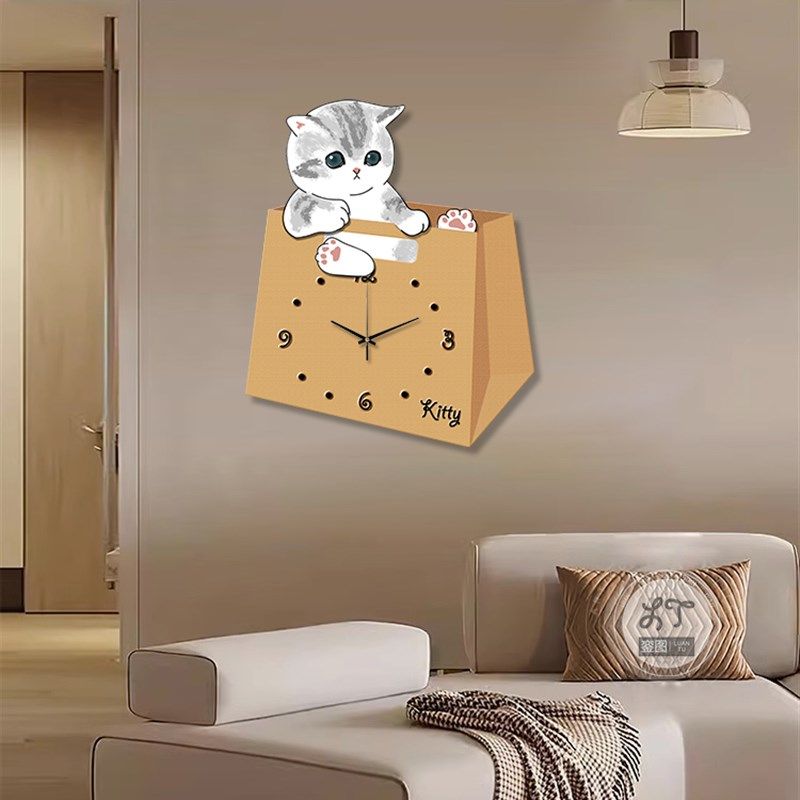 卡通猫咪钟表装饰画挂墙儿童房卧室创意时钟壁灯画餐厅墙静音挂钟
