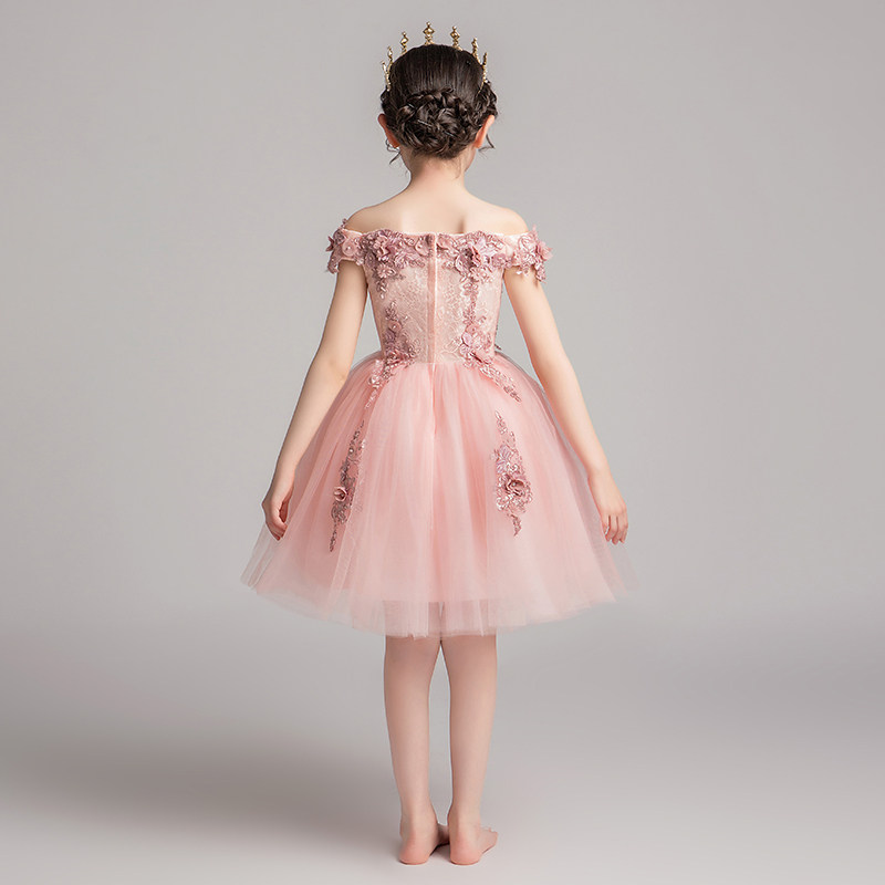 女童一字肩礼服公主裙生日小女孩花童婚礼主持人钢琴演出服表演冬