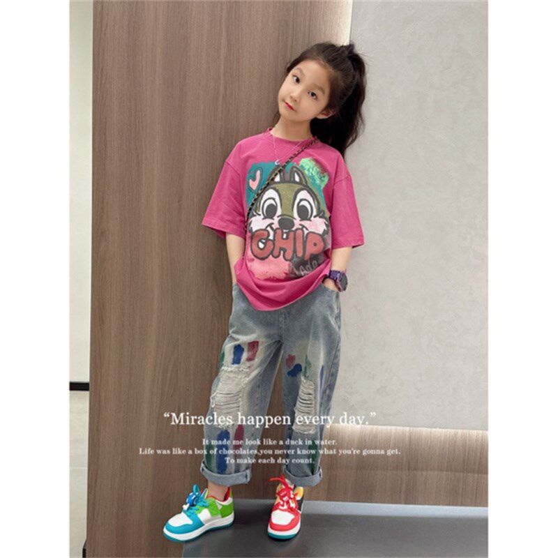 女童夏季牛仔阔腿裤网红时髦薄款女孩初中生夏款裤子大童宽松长裤