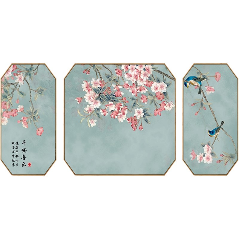 禅意装饰画新中式沙发背景墙挂画花鸟壁画字画国风三联画客厅定做