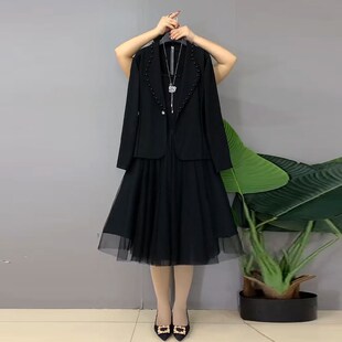 大码女装翻领钉珠西服外套网纱裙胖MM2024春秋新款时尚显瘦两件套