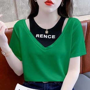 早春短袖t恤女夏季拼接假两件套时尚洋气时髦高级感短款上衣夏款