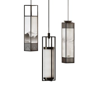 哈美新中式艺术禅意吊灯山水手绘卡座酒店大厅宴会厅吧台灯具方形