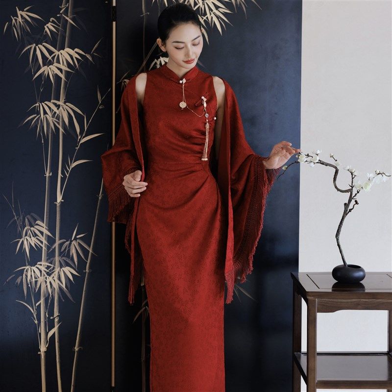 茉野新中式知禧红色暗纹显瘦旗袍新娘婚纱敬酒服订婚领证