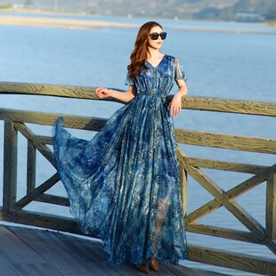 气质沙漠旅拍海边度假长裙 大摆裙大码 雪纺连衣裙豹纹短袖 长款