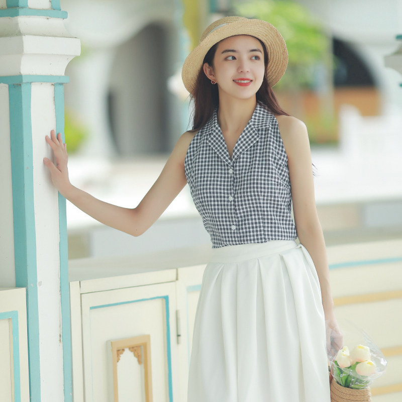 港风复古露肩上衣西装领黑白格子无袖衬衫白色A字半身裙套装女夏